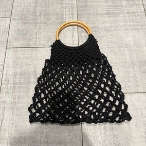 Black Macramé Tote with Wooden Handles
